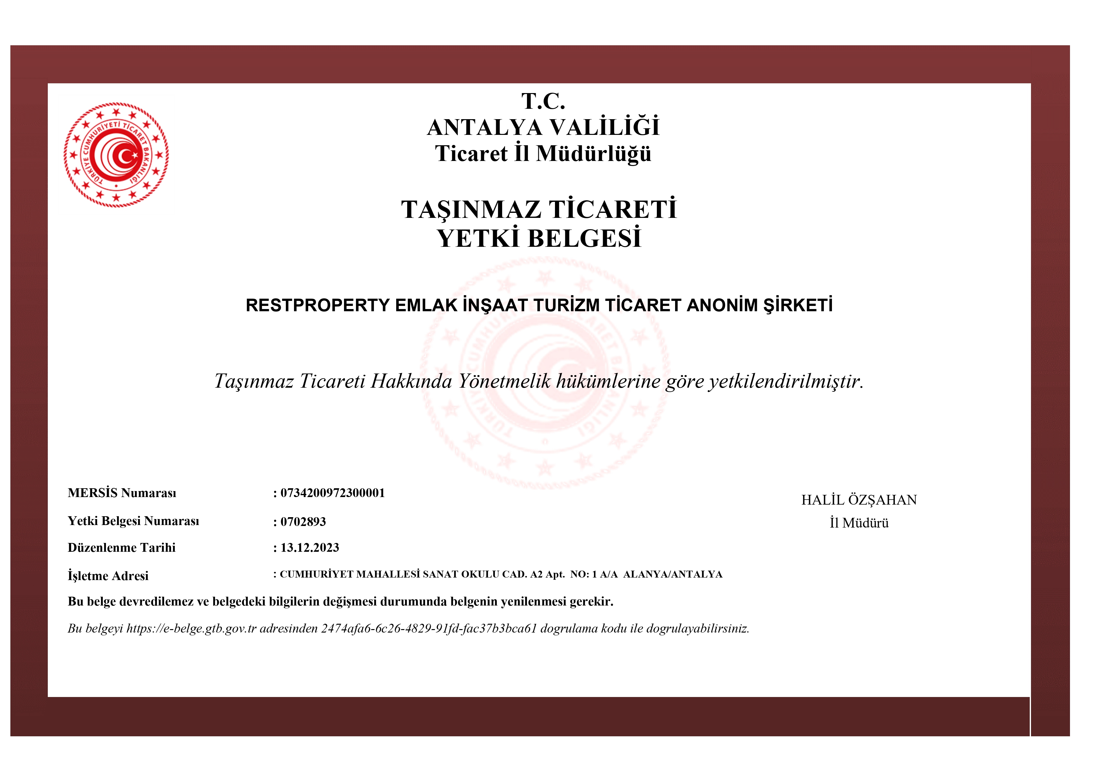 Taşınmaz Ticareti Yetki Belgesi