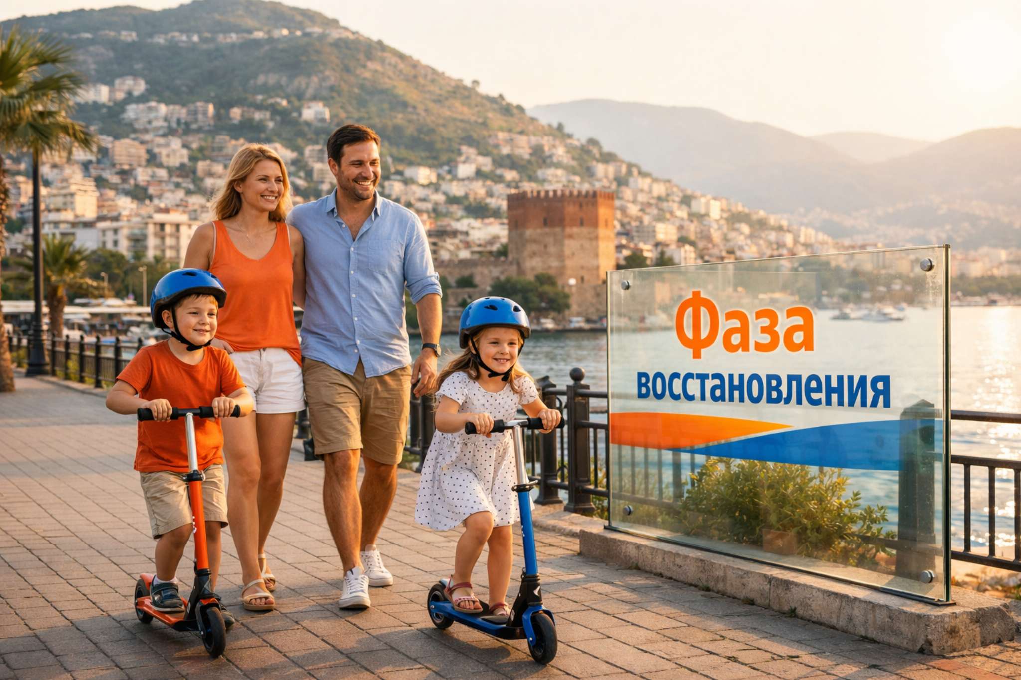 Фаза восстановления рынка недвижимости: семья с детьми на набережной в Турции как символ стабильности, уверенности и начала экономического роста. Иллюстрация перехода рынка недвижимости Турции в фазу восстановления в 2026 году, благоприятной для инвестиций и покупки жилья.