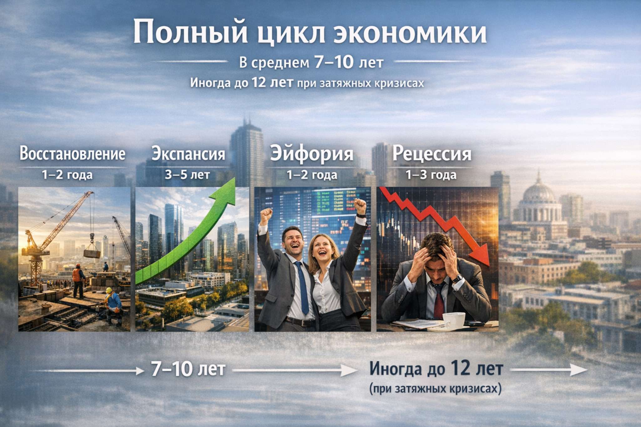 Полный цикл экономики и рынка недвижимости: восстановление, экспансия, эйфория и рецессия с указанием длительности фаз 7&ndash;10 лет. Инфографика циклов рынка недвижимости 2026, влияние экономических фаз и ставки ЦБ на инвестиции в недвижимость.