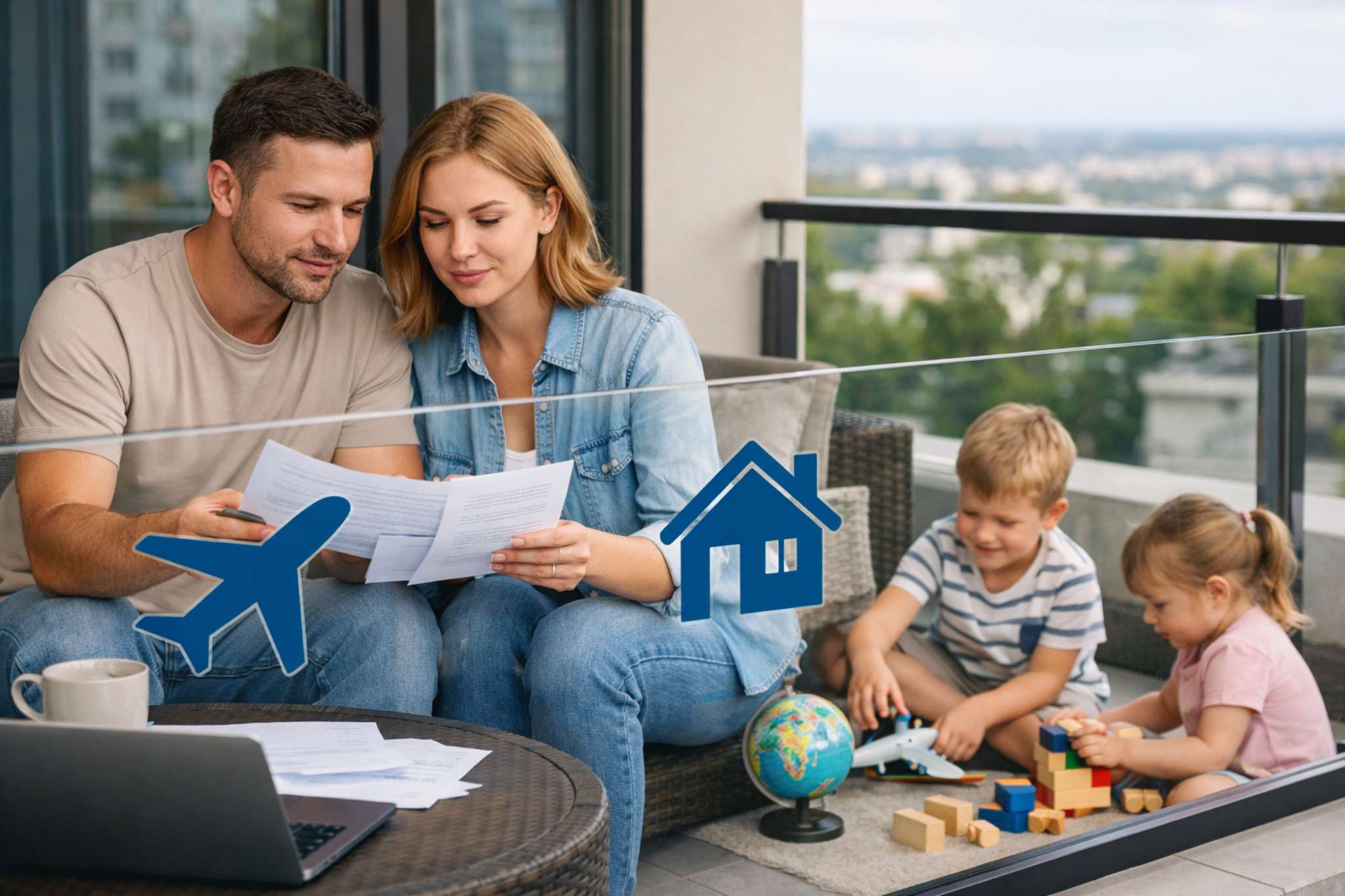 Семья с детьми на террасе изучает документы о переезде и покупке недвижимости. Планирование жизни за границей, инвестиции в недвижимость, переезд с семьёй, выбор страны и жилья в 2026 году.