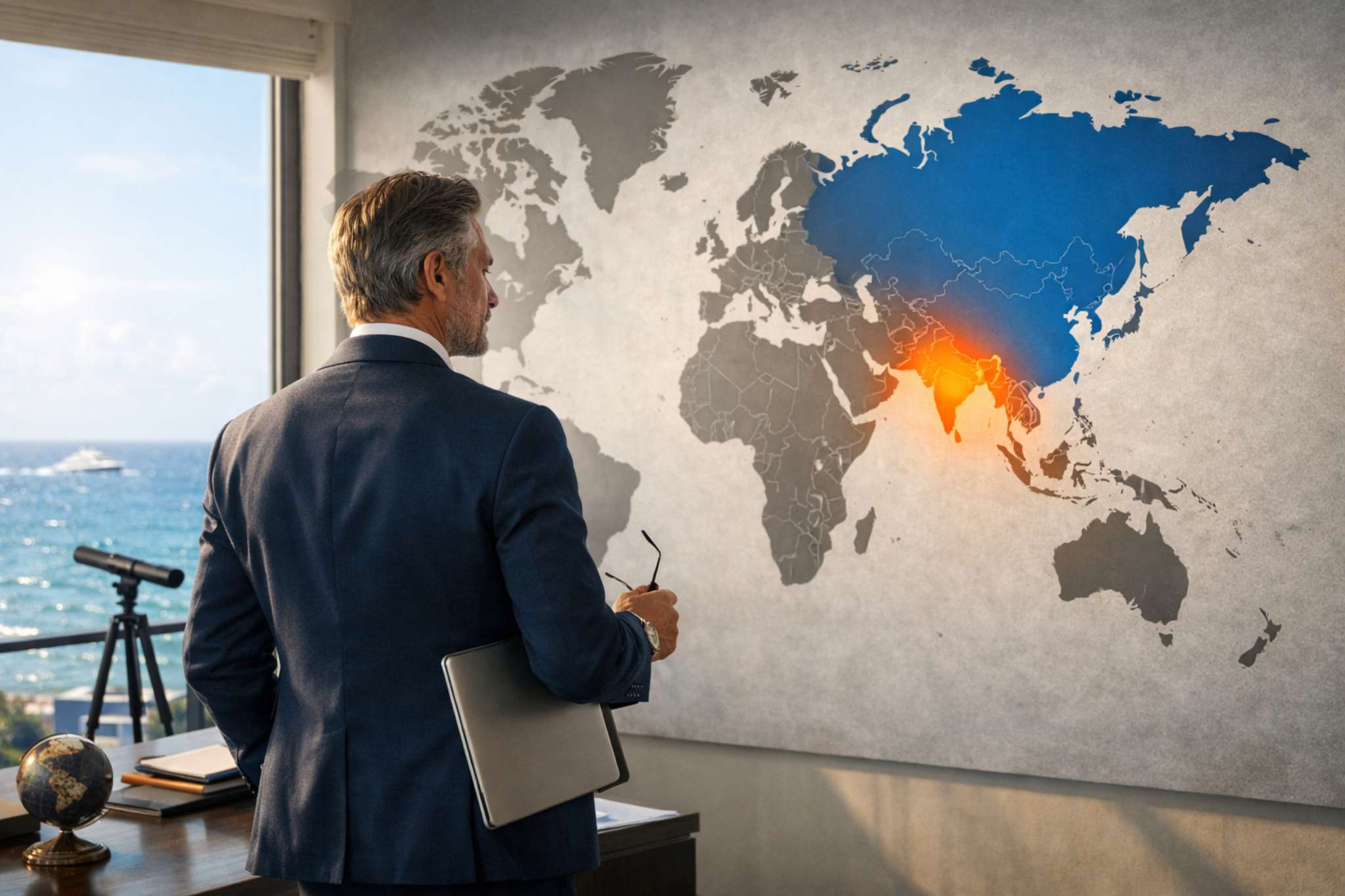 Инвестор в премиальном офисе у моря анализирует глобальную карту мира и выбирает стратегические направления для инвестиций. На карте выделены Азия и Ближний Восток как зоны роста капитала. Глобальные инвестиционные циклы, диверсификация активов и выбор стран для вложений в недвижимость в 2026 году.