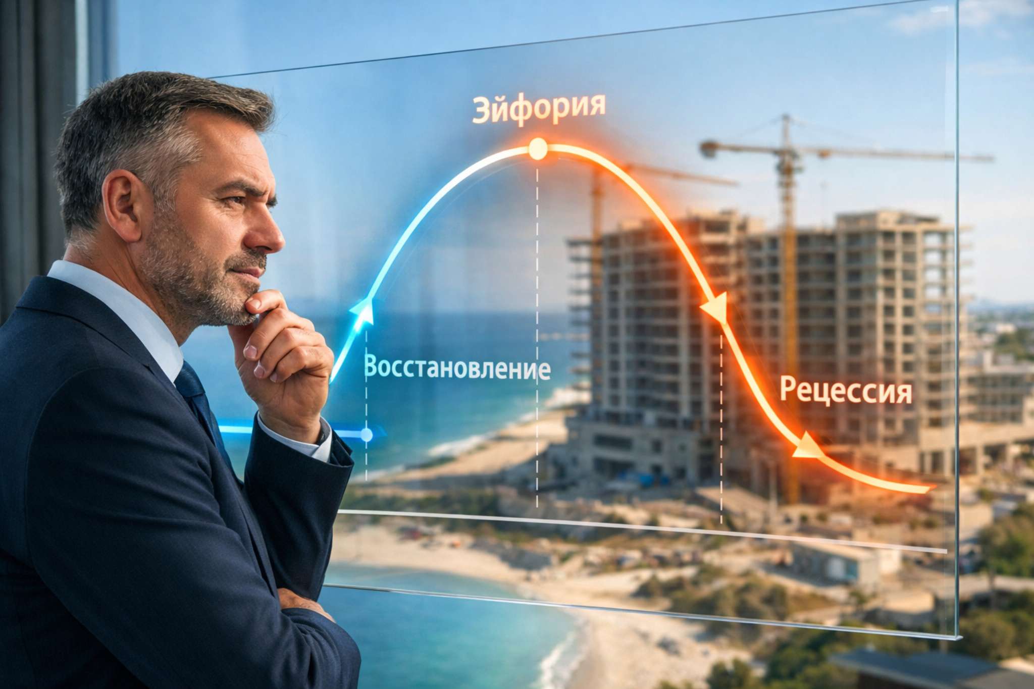 Циклы рынка недвижимости: визуализация фаз восстановления, эйфории и рецессии на примере рынка недвижимости у моря. Инвестор анализирует график экономического цикла, отражающий влияние макроэкономики и инвестиционных решений на рынок недвижимости в 2026 году.