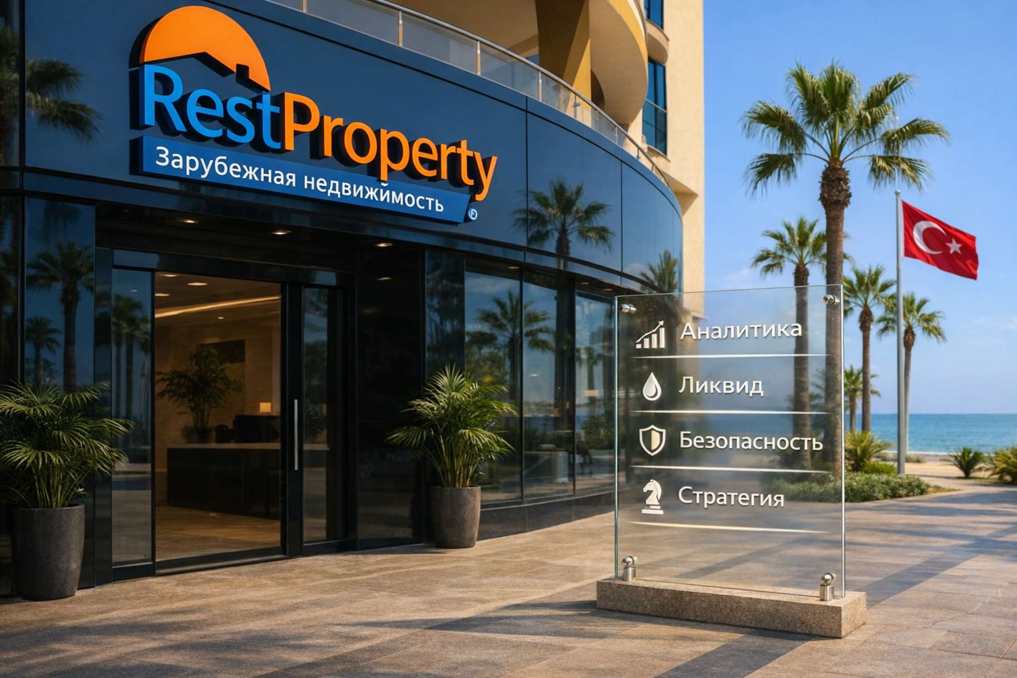 Офис агентства недвижимости RestProperty на первой линии у моря в Турции. Премиальный фасад, пальмы, турецкий флаг и стеклянная панель с ценностями компании: аналитика, ликвидность, безопасность и инвестиционная стратегия. Надёжные инвестиции в зарубежную недвижимость в 2026 году.