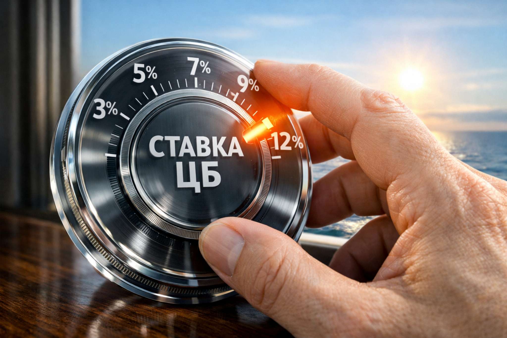 Ставка Центрального банка и рынок недвижимости: визуализация ключевой процентной ставки ЦБ, влияние изменения ставок на инвестиции в недвижимость в 2026 году. Символ разворота экономического цикла, снижения ставок и начала восстановления рынка недвижимости.