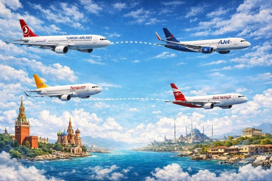 Авиакомпании, летающие в Турцию из Росии в 2026 году В 2026 году стабильные перелёты в Турцию обеспечивают:  Turkish Airlines Pegasus Airlines AJet Aeroflot Red Wings Nordwind Azur Air