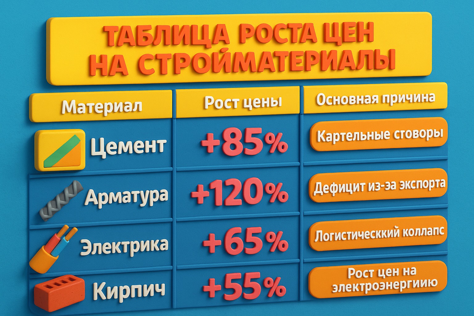 Таблица роста цен на стройматериалы (2022–2024)