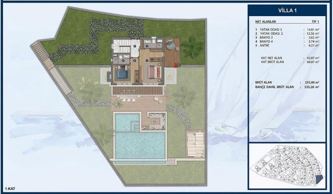 Вилла 5+1 с видом на море в Бодрум