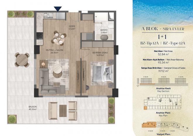 Квартира 1+1 с видом на море в Стамбуле