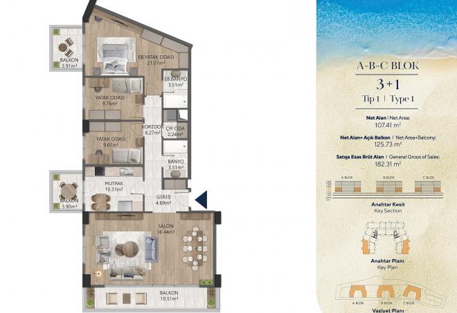 Квартира 3+1 с видом на море в Стамбуле