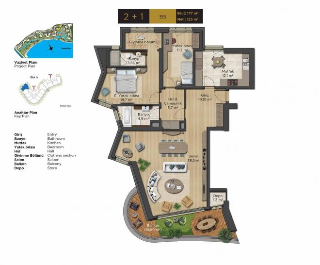 Квартира 1+1 с видом на море в Стамбуле