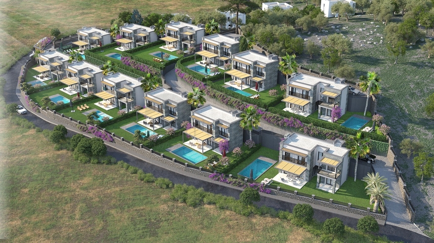 Виллы в живописном районе Туркбюкю, в окружение густой зелени. 