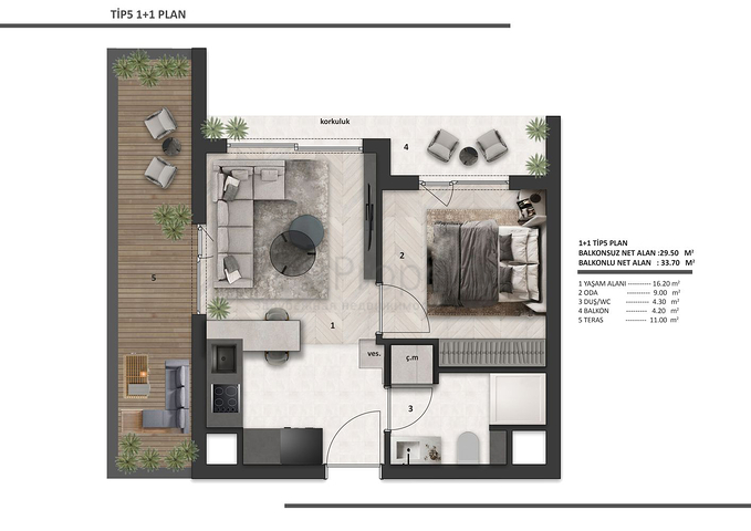 Квартиры планировки 1+1 в районе Алтынташ - Анталия 