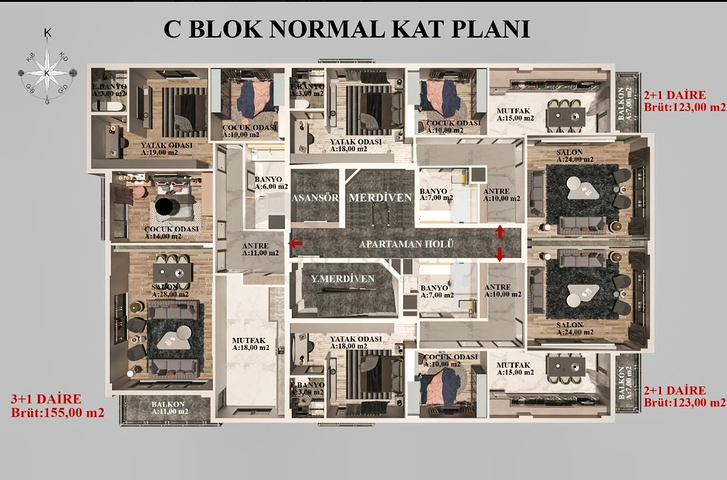 Квартиры планировки 2+1 , 3+1 и 4+1 в районе Кепез - Анталия