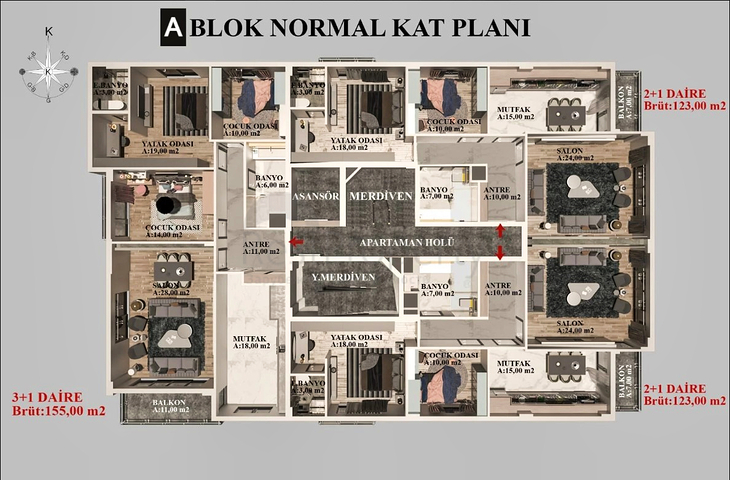 Квартиры планировки 2+1 , 3+1 и 4+1 в районе Кепез - Анталия