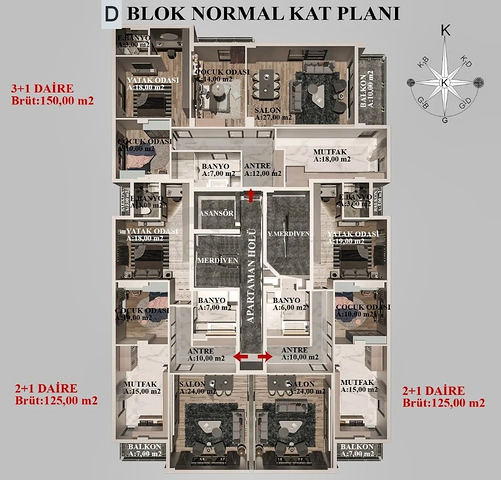 Квартиры планировки 2+1 , 3+1 и 4+1 в районе Кепез - Анталия