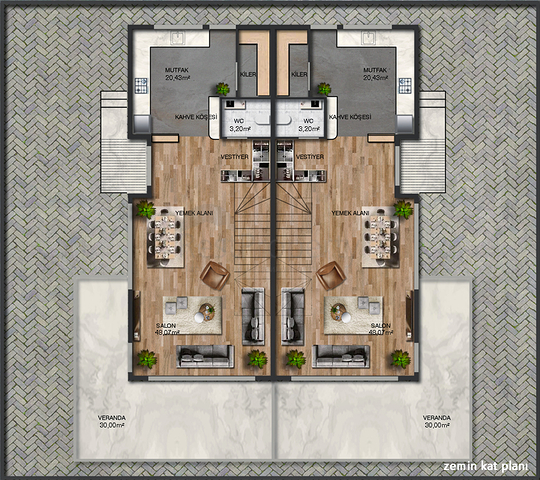 Вилла планировки 4+1 в микрорайоне Алтынкале - Анталия 