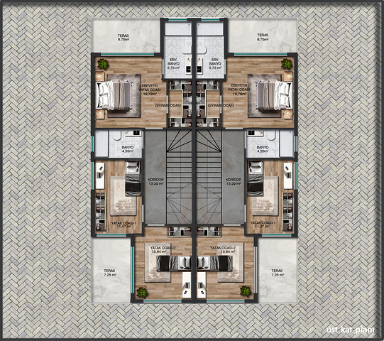 Вилла планировки 4+1 в микрорайоне Алтынкале - Анталия 