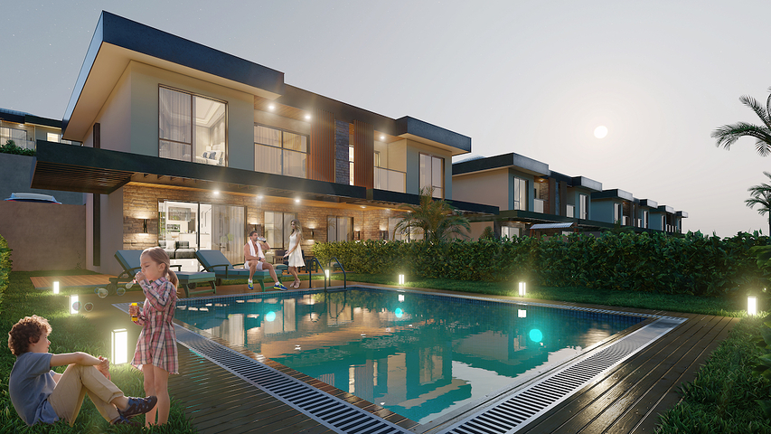 Виллы 3+1 и 4+1 в эко комплексе в окружении хвойного леса в районе Дортепе на восточной части Бодрума.