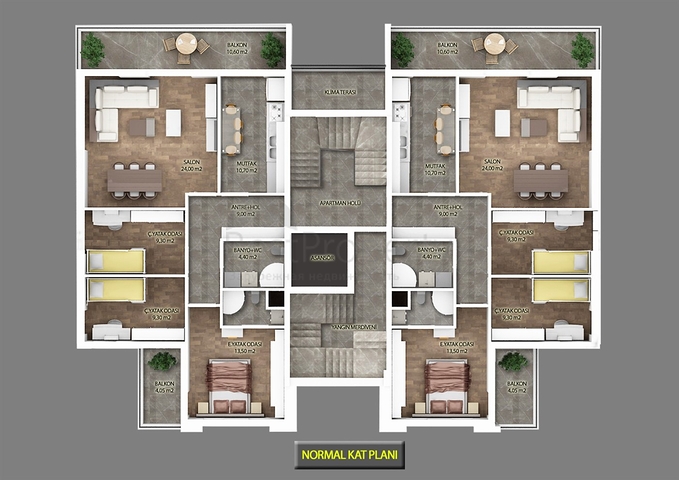 Квартиры планировки 3+1 в районе Кепез - Анталия 