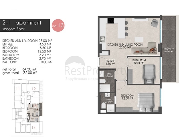 Квартиры планировок 2+1 в новом комплексе Кестеля