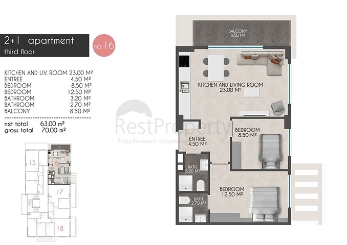Квартиры планировок 2+1 в новом комплексе Кестеля