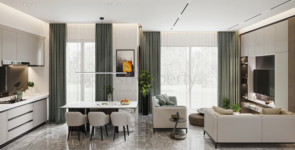 Идеальный комплекс апартаментов, окружённый пышной зеленью.