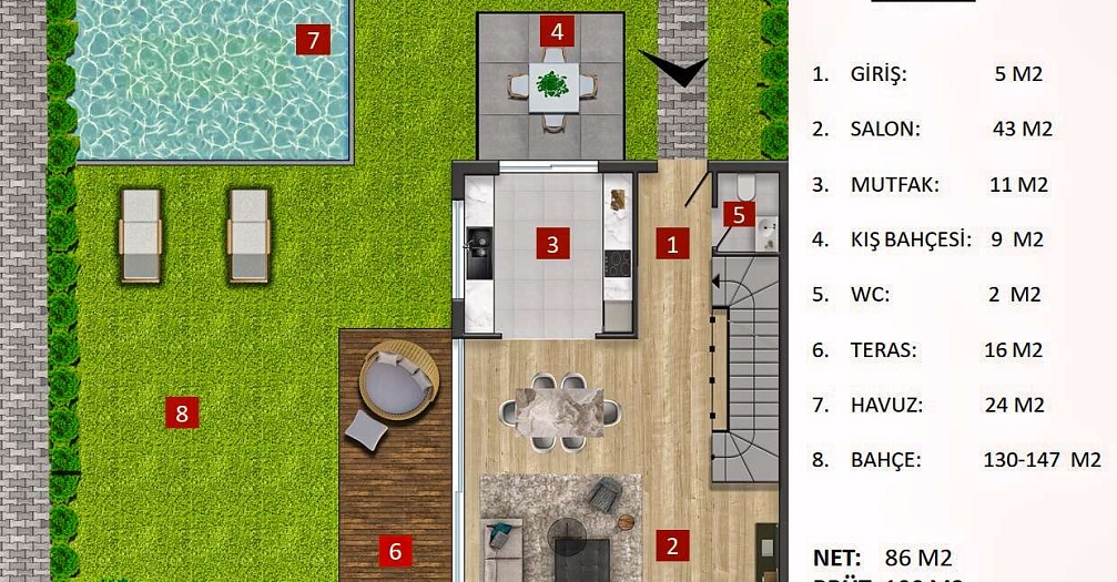 Вилла просторной планировки 5+1 в районе Молла Юсуф - Анталия  - Фото 14